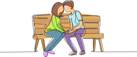 Single one line drawing kissing couple. Young man and woman face to face sitting on park bench and funny kissing. Romantic couple dating in spring. Modern continuous line draw design graphic png