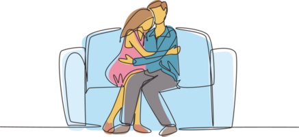 Single continuous line drawing happy tired couple. Man woman relax on sofa at home. Male hugs female. Joy cute adults. Cozy living room. Happy family life. Dynamic one line draw graphic design png