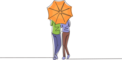 Single one line drawing back view young couple man woman, cute girl and boy walking holding umbrella under rain. Romantic couple at rainy autumn weather. Continuous line draw design graphic png