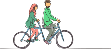 continuo uno linea disegno romantico Arabo coppia. coppia è equitazione tandem bicicletta insieme. contento famiglia. intimità celebra nozze anniversario. singolo linea disegnare design grafico illustrazione png