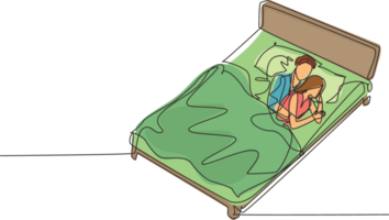 enda ett linje teckning ung romantisk par, makar liggande på säng. älskande försiktigt, försiktigt omfamning varje Övrig, dröm, viska ord av kärlek eller sova. kontinuerlig linje dra design grafisk png