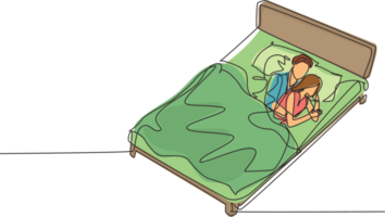 single een lijn tekening jong romantisch stel, echtgenoten aan het liegen Aan bed. geliefden voorzichtig, voorzichtig omhelzing elk ander, droom, fluisteren woorden van liefde of slaap. doorlopend lijn trek ontwerp grafisch png