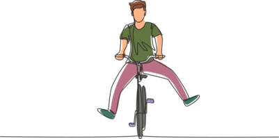 Célibataire continu ligne dessin content Jeune homme dans décontractée vêtements équitation vélo. en bonne santé et sport mode de vie. écologique véhicule de transport. un ligne dessiner graphique conception illustration png