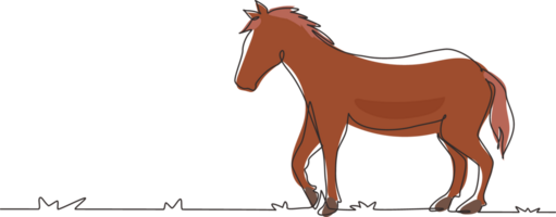 kontinuierlich einer Linie Zeichnung stolz Weiß Pferd Spaziergänge anmutig mit stark Charakter. wild Mustang galoppiert im kostenlos Natur. Tier Maskottchen zum Ranch. Single Linie zeichnen Design Grafik Illustration png