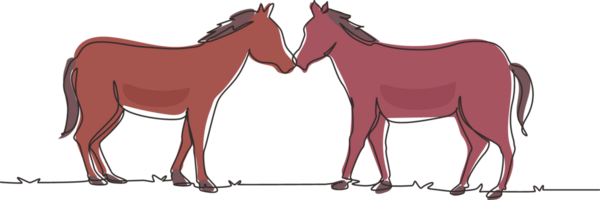 Single continuous line drawing two horses walks gracefully face to face. Wild mustang gallops in free nature. Animal mascot for horse ranch. Dynamic one line draw graphic design illustration png