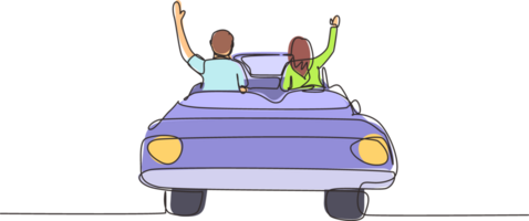 Single continuous line drawing happy free couple driving in cabriolet car in night city cheering joyful with arms raised. Couple summer vacation travel. One line graphic design illustration png