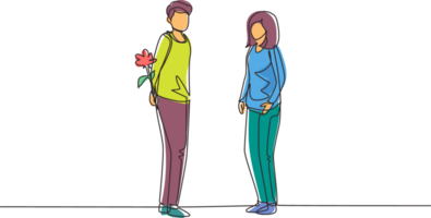 Continuous one line drawing man holding flowers behind his back and standing in front of woman. Happy boy giving rose flower to girl. Young man and woman met for dating. Single line draw design png