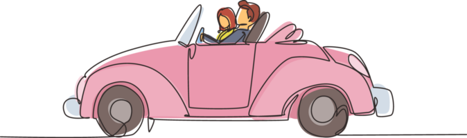 Single continuous line drawing cute elegant couple on road trip in vintage retro car. Happy man and woman in vehicle. Married couple romantic relationship. Dynamic one line draw graphic design png