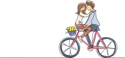 continuo uno linea disegno contento giovane uomo e donna equitazione bicicletta viso per viso. contento romantico coppia è equitazione bicicletta insieme. contento famiglia. singolo linea disegnare design grafico illustrazione png