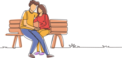 Célibataire continu ligne dessin romantique couple. femme homme séance sur banc dans ville parc. content famille concept. intimité fête mariage anniversaire. un ligne dessiner graphique conception illustration png