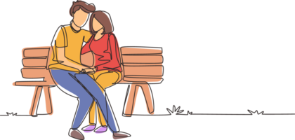 Célibataire continu ligne dessin romantique couple. femme homme séance sur banc dans ville parc. content famille concept. intimité fête mariage anniversaire. un ligne dessiner graphique conception illustration png