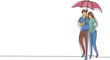 Single one line drawing young couple man woman, girl and boy walking holding umbrella under rain smiling hugging. Romantic couple at rainy autumn weather. Continuous line draw design graphic png