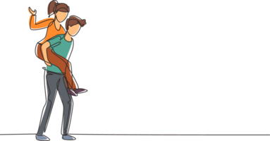 Single continuous line drawing teenage couple with man carrying woman on his back during music festival. Happy young romantic couple in love. Dynamic one line draw graphic design illustration png