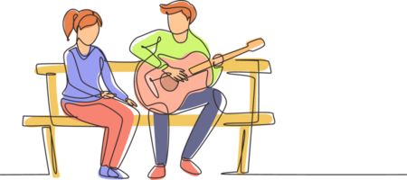 soltero continuo línea dibujo personas sentado en de madera banco en parque. Pareja en fecha, hombre jugando música en guitarra, niña escucha y canto juntos. uno línea dibujar gráfico diseño ilustración png