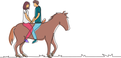 continu un ligne dessin couple équitation les chevaux visage à visage à le coucher du soleil. content homme fabrication proposition mariage à femme. engagement et l'amour relation. Célibataire ligne dessiner conception graphique illustration png