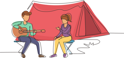 Continuous one line drawing couple tourist camping. Camper sitting by campfire next to camp tent, guy playing music guitar, people enjoy nature picnic. Outdoor summer tourism. Single line draw design png