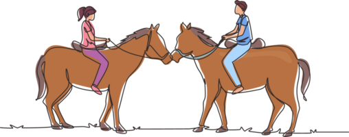 Célibataire continu ligne dessin romantique couple dans l'amour équitation cheval. Jeune homme et femme rencontrer pour sortir ensemble avec balade cheval. engagement et l'amour relation. un ligne dessiner graphique conception illustration png