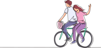 kontinuerlig ett linje teckning romantisk par har roligt på datum ridning cykel. tillbaka se av romantisk Tonårs par rida cykel. ung man och kvinna i kärlek. enda linje dra design grafisk png