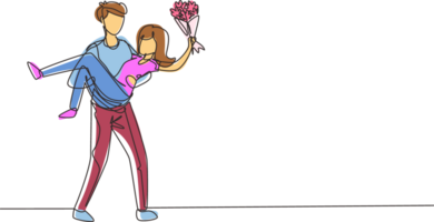 Célibataire un ligne dessin homme en portant une femme et fabrication mariage proposition avec bouquet. garçon dans l'amour donnant fleurs. content couple avoir prêt pour mariage. continu ligne dessiner conception graphique png