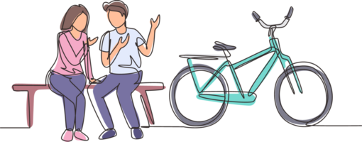 Single continuous line drawing romantic couple chatting while sitting on bench. Romantic teenage couple ride bike. Young man and woman in love. Dynamic one line draw graphic design illustration png