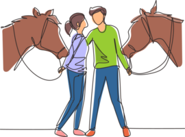 enda kontinuerlig linje teckning romantisk par med hästar. ung man och kvinna träffa för dejting med rida häst. engagemang och kärlek relation. dynamisk ett linje dra grafisk design illustration png