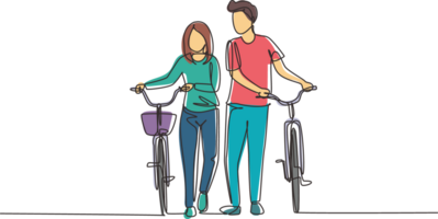 Single continuous line drawing cyclists walking down forest road with their bicycles on summer day. Young man and woman in love. Happy romantic married couple. One line draw graphic design png