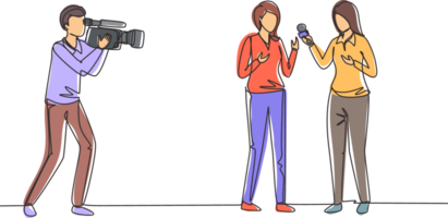 Single one line drawing woman journalist with microphone, interview man in front of camera at tv studio. Reporter, cameraman broadcast breaking news at live stream. Continuous line draw design png