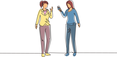 Single one line drawing business woman giving an interview in the presence of journalist with dictaphone. Female tv reporter interviewing questions. Continuous line draw design illustration png