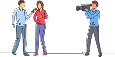 Single continuous line drawing journalist, operator interview television program or news. TV host, reporter, cameraman questioning woman. Video recording show broadcasting. One line draw design png