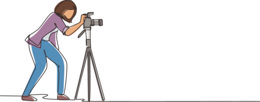 Single continuous line drawing super equipment female photographer, Woman holding, aiming cameras with standing tripod, carrying accessories for photographing. One line draw design illustration png