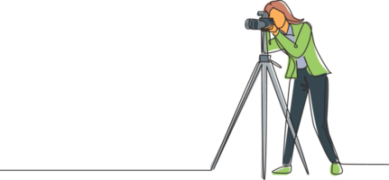 Single continuous line drawing woman paparazzi design concept with photographer shooting appearance of show business stars or other celebrities with tripod. One line draw design illustration png