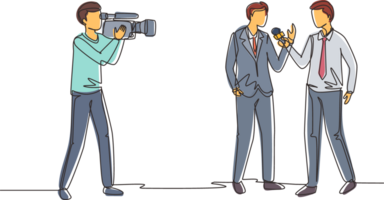 Single one line drawing journalists take interview. TV host or reporter and cameraman questioning man. Broadcasting reportage with cameraman. Continuous line draw design graphic illustration png