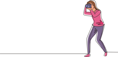 Single one line drawing woman photographer taking photo pose. Camera and professional operator, correspondent man. Female with camera making pictures. Continuous line draw design illustration png