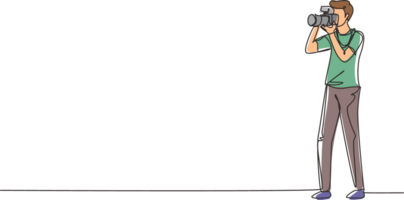 Single one line drawing happy professional photographer taking photo using dslr camera. Young male character shooting using lens camera. Modern continuous line draw design graphic illustration png