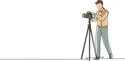 Single continuous line drawing photographer taking photos using professional equipment set, Man with camera making pictures. Studio photo equipment. One line draw graphic design illustration png