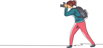 Single continuous line drawing woman journalist or reporter with backpack making pictures. Photographers of paparazzi taking photo with digital cameras dslr. One line draw design illustration png