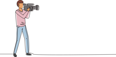 Continuous one line drawing professional camera operator holding big camera on shoulder. Cameraman, reporter shooting TV content. Videographer with camera. Single line draw design illustration png