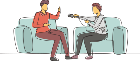 Single one line drawing Interview with famous person. Television or internet broadcast where a journalist talks to a celebrity. Journalist, interviewer. Continuous line draw design illustration png