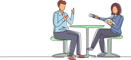 Continuous one line drawing TV presenter woman interviewing celebrity men in television studio shooting interview. Show host, guest talking. TV interview. Single line draw design illustration png