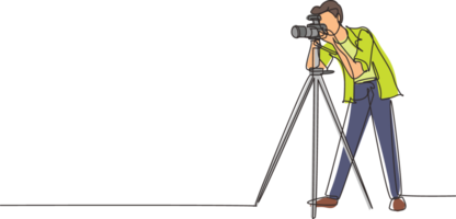 Single one line drawing paparazzi design concept with photographer shooting appearance of show business stars or other celebrities with tripod. Continuous line draw design graphic illustration png