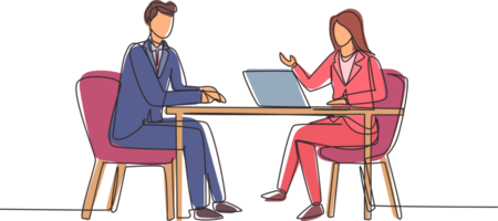 Single continuous line drawing woman journalist interviewing guy at desk. Microphone, discussion, speech. Social media, communication concept. Dynamic one line draw graphic design illustration png