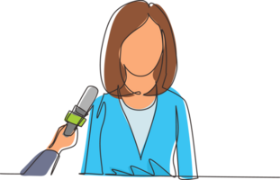 Continuous one line drawing interview with young girl. Digital journalism. News conference world live tv hands of journalists microphones interview concept. Single line draw design illustration png