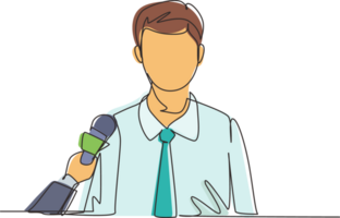 Single continuous line drawing businessman giving an interview in the presence of journalists with microphones. Man gives comments and opinions for breaking news. Dynamic one line draw design png