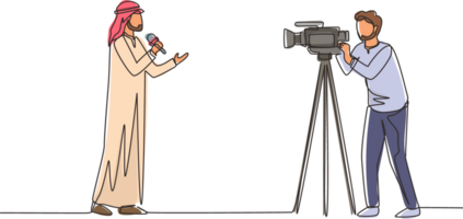 enda ett linje teckning arab reporter, operatör. Nyheter reporter utför. journalister på luft. video kameraman filmning Nyheter reporter med mikrofon. kontinuerlig linje dra design illustration png