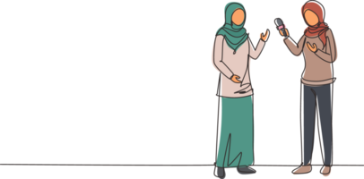 Single one line drawing Arabic business woman giving an interview in presence of journalist with dictaphone. Female tv reporter interviewing questions. Continuous line draw design illustration png