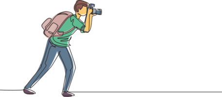 Single one line drawing journalist or reporter with backpack making pictures. Photographers of paparazzi taking photo with digital cameras dslr. Continuous line draw design graphic illustration png