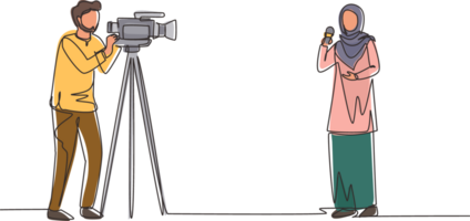 Single continuous line drawing Arab woman reporter. Journalists to report. Two Arabic journalists. Team of woman reporter journalist man operator broadcasting. One line draw design illustration png