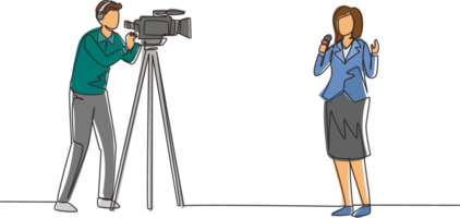 Single continuous line drawing journalist. Woman reporter. Journalists to report. Two journalists. Team of woman reporter journalist man operator broadcasting. One line draw design illustration png