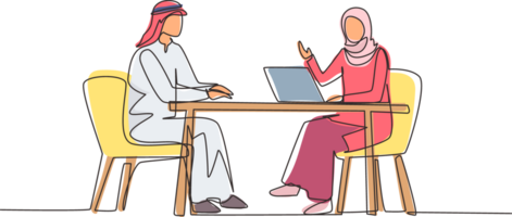 Single one line drawing Arabian woman journalist interviewing guy at desk. Microphone, discussion, speech. Social media, communication concept. Continuous line draw design graphic illustration png