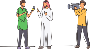 Single continuous line drawing Arab journalists take interview. TV host or reporter, cameraman questioning Arabian man. Broadcasting reportage with cameraman. One line draw design illustration png